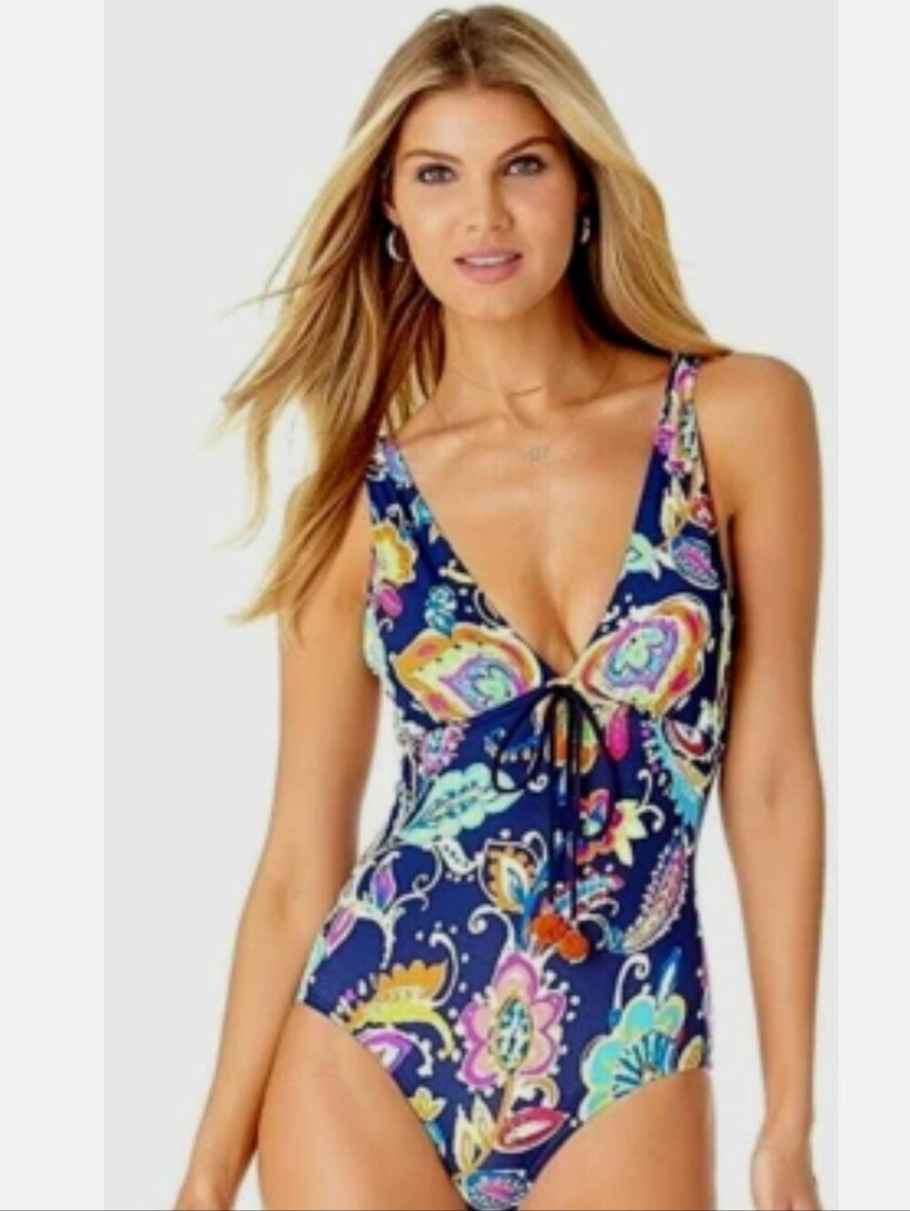 Anne Cole Paisley Pom Plunge One Piece Swimsuit